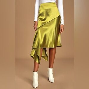 NWT! Moon River Olive Green Satin Asymmetrical Midi Side Slit Skirt Sz M